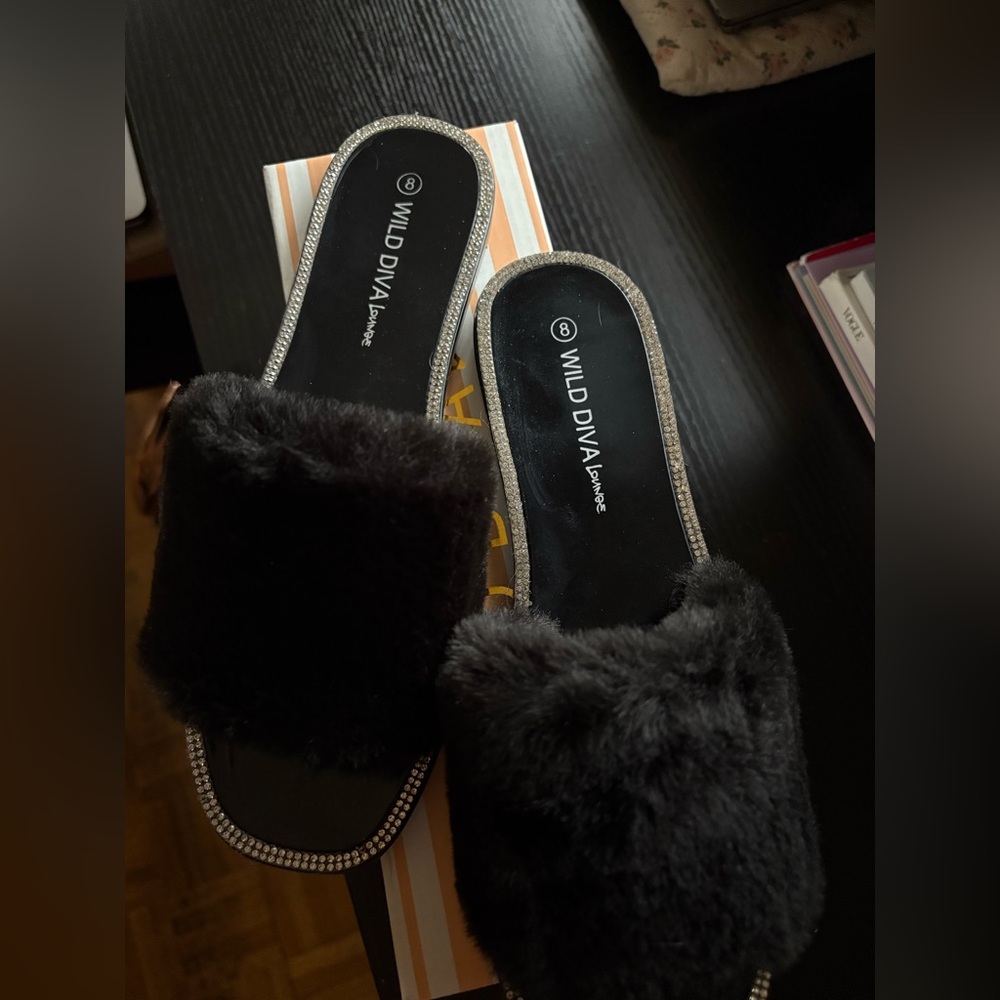 Wild Diva Black Furry Slippers with Rhinestone Trim